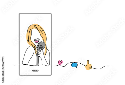 Girl sing on microphone. Simple vector illustration, background. Social media influencer, cover song singer. Concept with phone, like, thumb up, heart, comment.