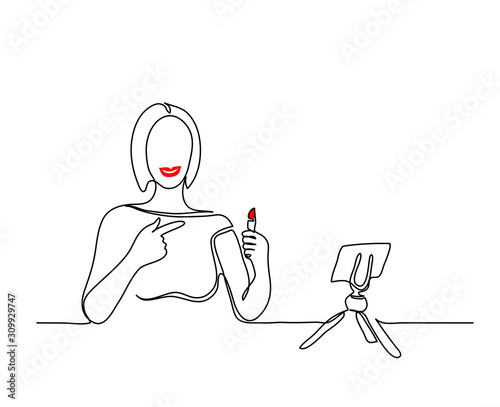 Lipstick promotion vector simple background. Makeup blogger, social media influencer, key opinion leader.
