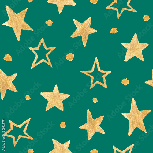 Watercolor seamless pattern with gold stars on a background green color. Hand drawing for paper  Wallpaper  textiles  screensavers  printing.