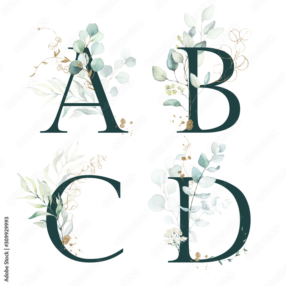 Dark Green Floral Alphabet Set - letters A, B, C, D with green leaves, botanic branch bouquet composition. Unique collection for wedding invites decoration and many other concept ideas. - obrazy, fototapety, plakaty 