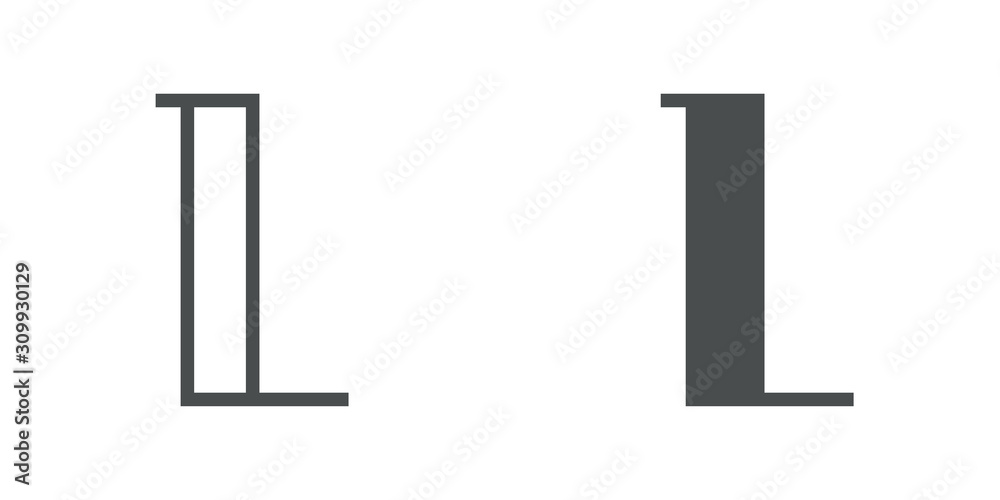 Letra L del alfabeto en tipografía tipo art deco estilo Broadway. Versión contorno y relleno en color gris
