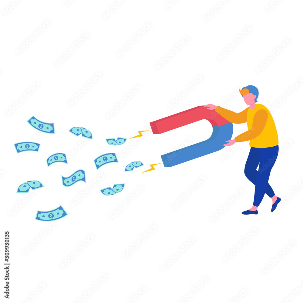 Man attract money with a large magnet. Career, salary, earnings profit. Vector illustration can use for, landing page, template, mobile app, poster, banner, flyer Man attract money with a large magnet. Career, salary, earnings profit. Vector illustration can use for, landing page, template, mobile app, poster, banner, flyer