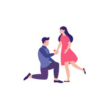 Lovely happy couple. Man standing on knee with ring in hand making offer to woman asking her marry him. Vector illustration can use for the design of banners, flyers, card, web