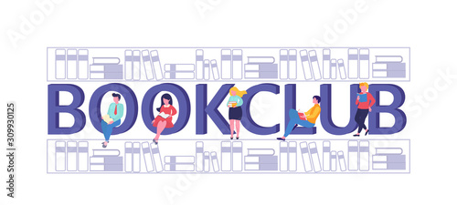 Book club logo. Young people standing and sitting near capital letters book club. Success. Education. Vector illustration can use for, landing page, template, banner, flyer