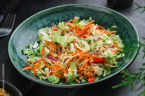 healthy vegetable salad  Chinese cabbage  carrot  onion  lettuce  mix salad  pumpkin  menu concept. food background. top view. copy space