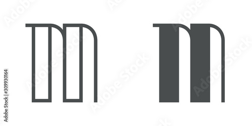 Letra M del alfabeto en tipografía tipo art deco estilo Broadway. Versión contorno y relleno en color gris