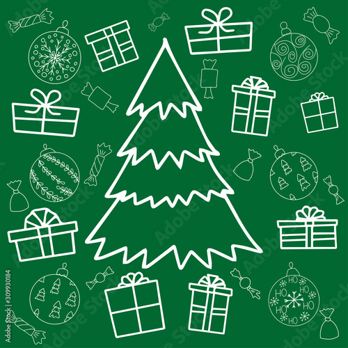 Set of christmas elements  balls  gifts  tree  candy. Linear style  white line on a dark green background. A big Christmas tree in the center. Doodle. Hand draw style  Vector illustration EPS 10