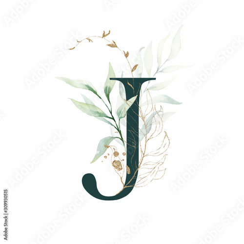 Dark Green Floral Alphabet - letter J with gold and green botanic branch bouquet composition. Unique collection for wedding invites decoration, birthdays & other concept ideas. photo