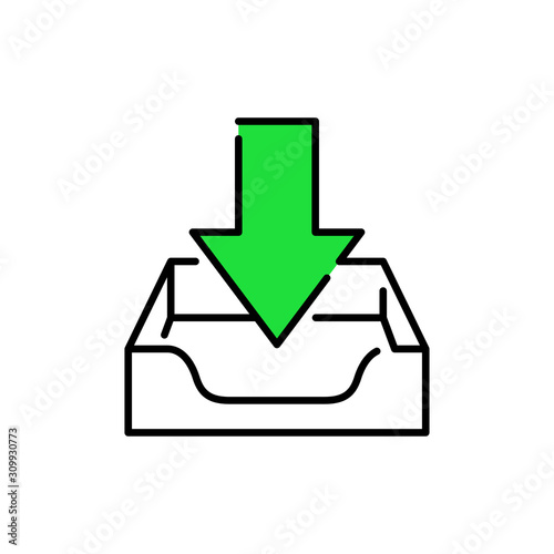 Símbolo bandeja de entrada. Icono plano lineal bandeja con flecha de bajada con color verde photo