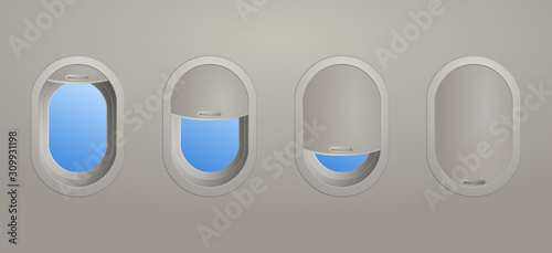Four aircraft windows showing the blinds opened to different levels from wide open to completely closed viewed from inside the cabin of the plane, vector illustration