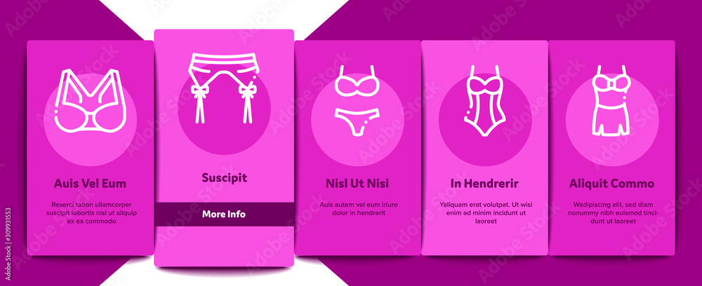 Vetor do Stock: Lingerie Bras Panties Onboarding Mobile App Page Screen.  Fashion Bra And Pants, Bikini And Swimsuit, Lingerie Underwear Concept  Illustrations