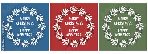 Merry Christmas and Happy New Year Vector Card. White Floral Wreath on a Red, Blue and Green Backgrounds. Christmas Illustration in 3 Different Colors. Round Shape Wreath Made of White Twigs.