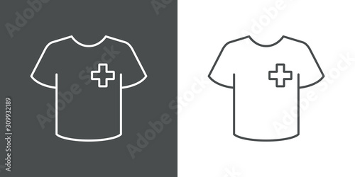 Icono plano lineal camiseta t con cruz pequeña en fondo gris y fondo blanco