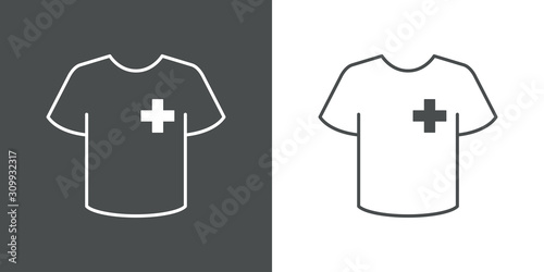 Icono plano lineal camiseta t con cruz pequeña en fondo gris y fondo blanco