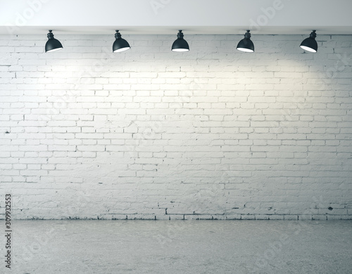 Brick grunge wall with ceiling lamp.