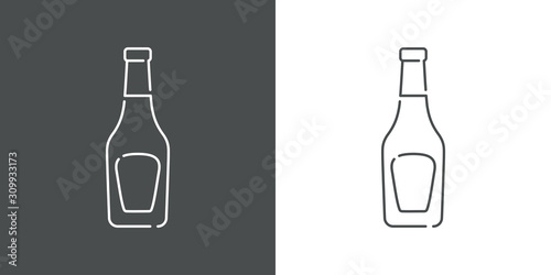 Icono plano lineal botella de cristal de ketchup en fondo gris y fondo blanco