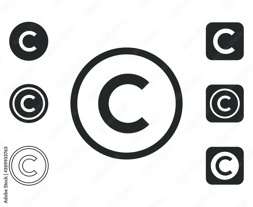 Flat style copyright icon shape set. C letter logo symbol sign. Vector illustration icon. Isolated on white background. Intellectual property owner. Square and circle round button mark pack.