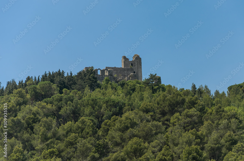 The ruins of an ancient castle fortress on a mountain among the forest