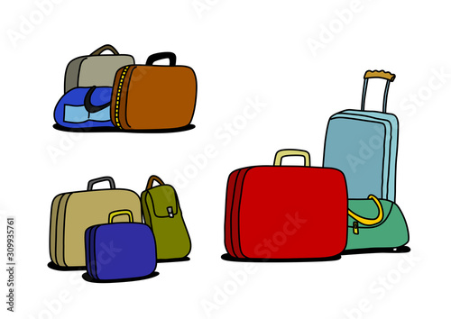 Luggage, baggage set with different colors. Travel, bag, case, suitcase, trolley. Cartoon style vector illustration.