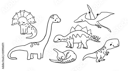 Cute dinosaurs in outline ink style
