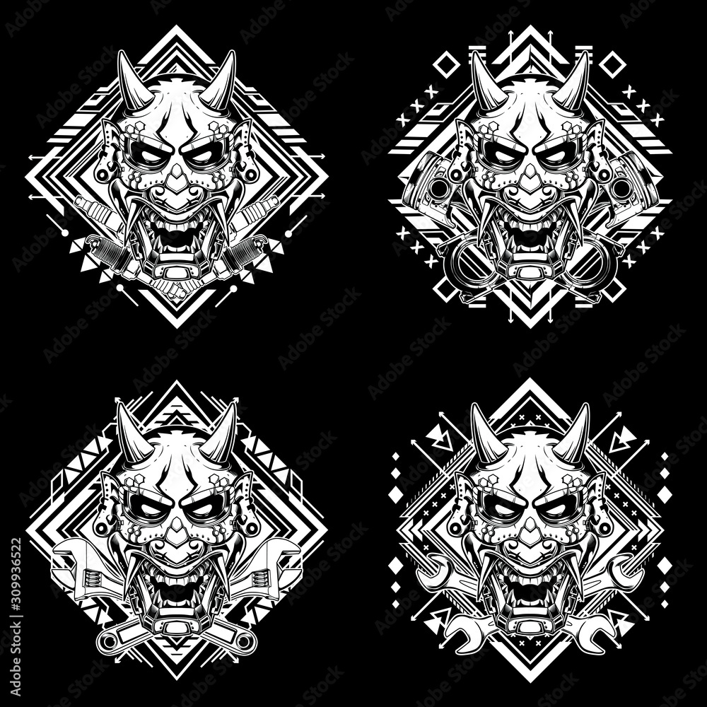 Set japanese demon mask with tribal sacred geometry suitable for t-shirt, tank tops, mugs, phone cases, stickers, posters. Vector illustration. Culture objects black and white style Set japanese demon mask with tribal sacred geometry suitable for t-shirt, tank tops, mugs, phone cases, stickers, posters. Vector illustration. Culture objects black and white style