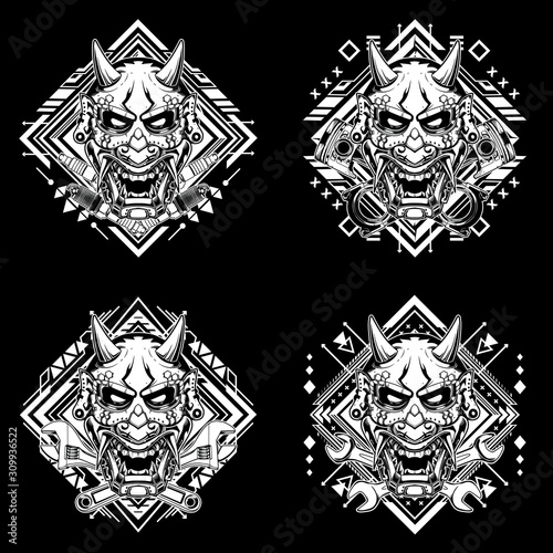 Set japanese demon mask with tribal sacred geometry suitable for t-shirt, tank tops, mugs, phone cases, stickers, posters. Vector illustration. Culture objects black and white style