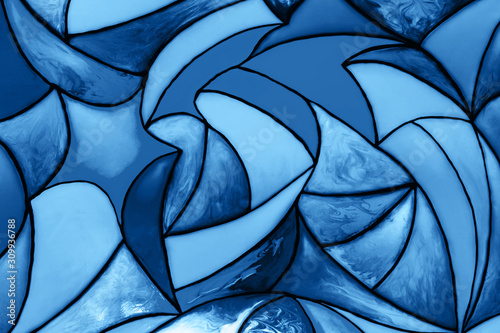 Fototapeta Photo of a small fragment of a beautiful stained glass in trendy blue color. Trendy blue backdrop for your design. Trendy background. Color of the year 2020 concept. Copy space.