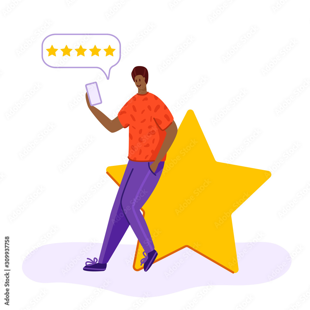 Client feedback or review concept, african american guy sitting and givind feedback in mobile app, online service evaluation, happy customer with gadget, flat tiny people and huge rating star, Vector Client feedback or review concept, african american guy sitting and givind feedback in mobile app, online service evaluation, happy customer with gadget, flat tiny people and huge rating star, Vector