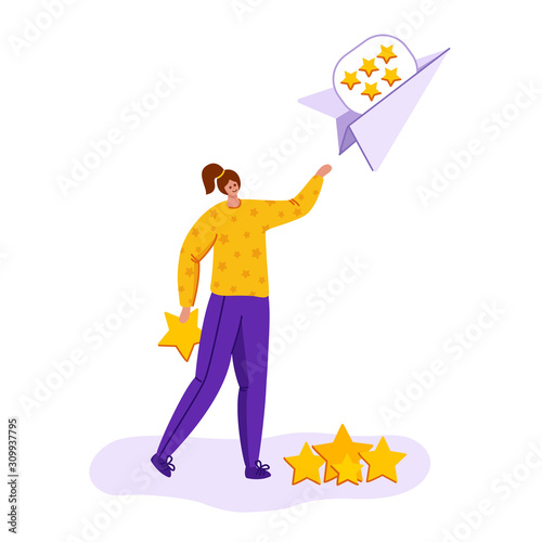 Client feedback concept, girl sending her review or feedbacck on paper plane, service evaluation, happy customer with rating scale stars, flat modern style, female character on white - Vector