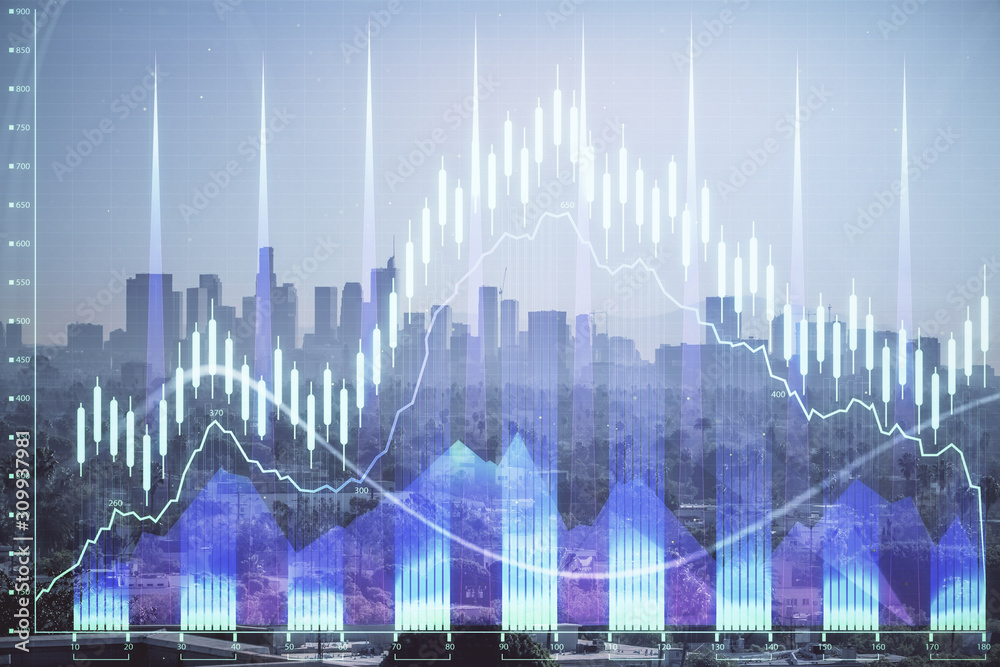 Naklejka premium Forex chart on cityscape with skyscrapers wallpaper multi exposure. Financial research concept.