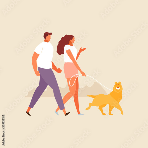Man and woman couple walking with dog illustration