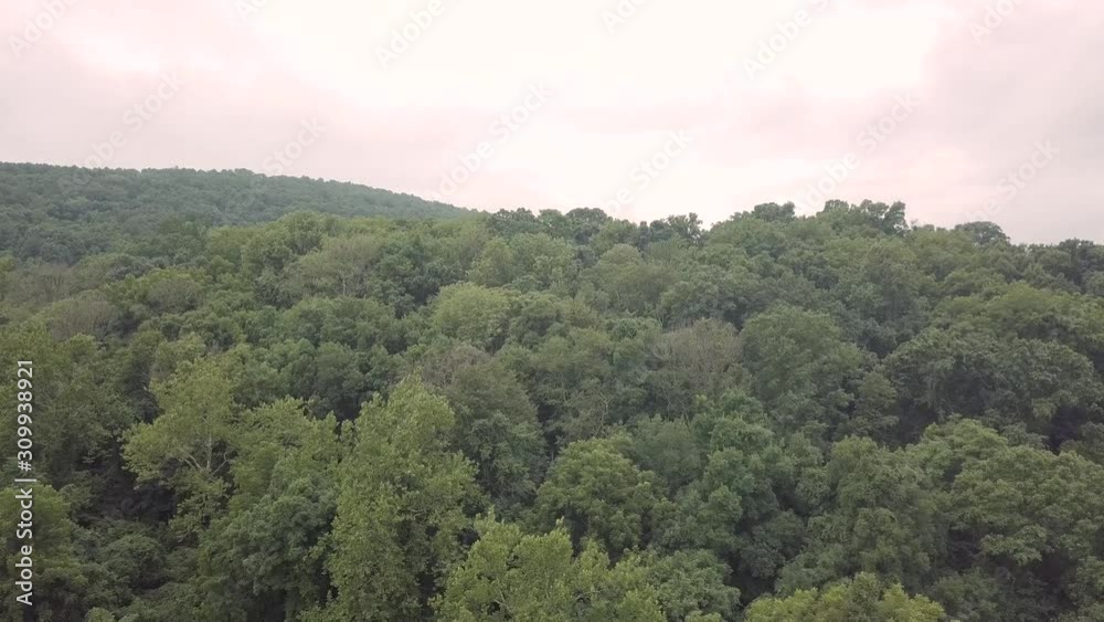 Drone flying forward over trees and forest in the Smoky Mountains in eastern Tennessee during a cloudy day with homes in the distance Drone flying forward over trees and forest in the Smoky Mountains in eastern Tennessee during a cloudy day with homes in the distance