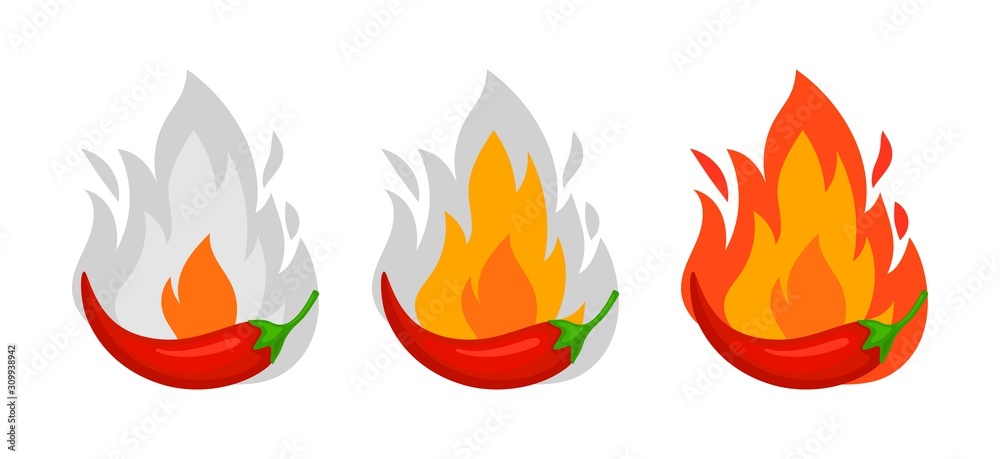 Chili pepper spice levels. Marking dishes for restaurant or cafe. Asian cuisine, hot red peppers on fire vector set