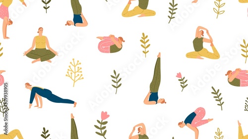 Yoga seamless pattern. Women doing yoga exercises on nature. Vector meditation and sport background