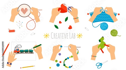 Creative hands. Workshop, needlework and drawing, embroidery and knitting. Kids laboratory in kindergarten, top view. Isolated handmade process vector illustration