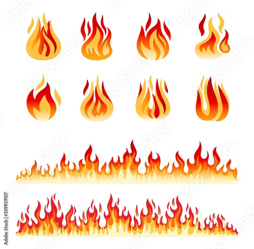 Fire flames isolated on white background. Fire borders. Cartoon flame and lights vector icons
