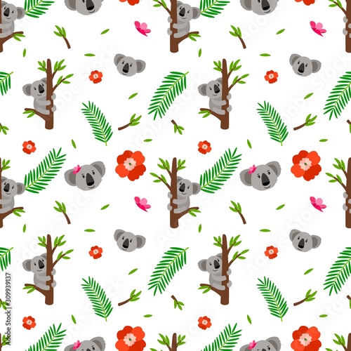 Koala pattern. Australian animal background. Wild koala bear and leaves vector seamless texture