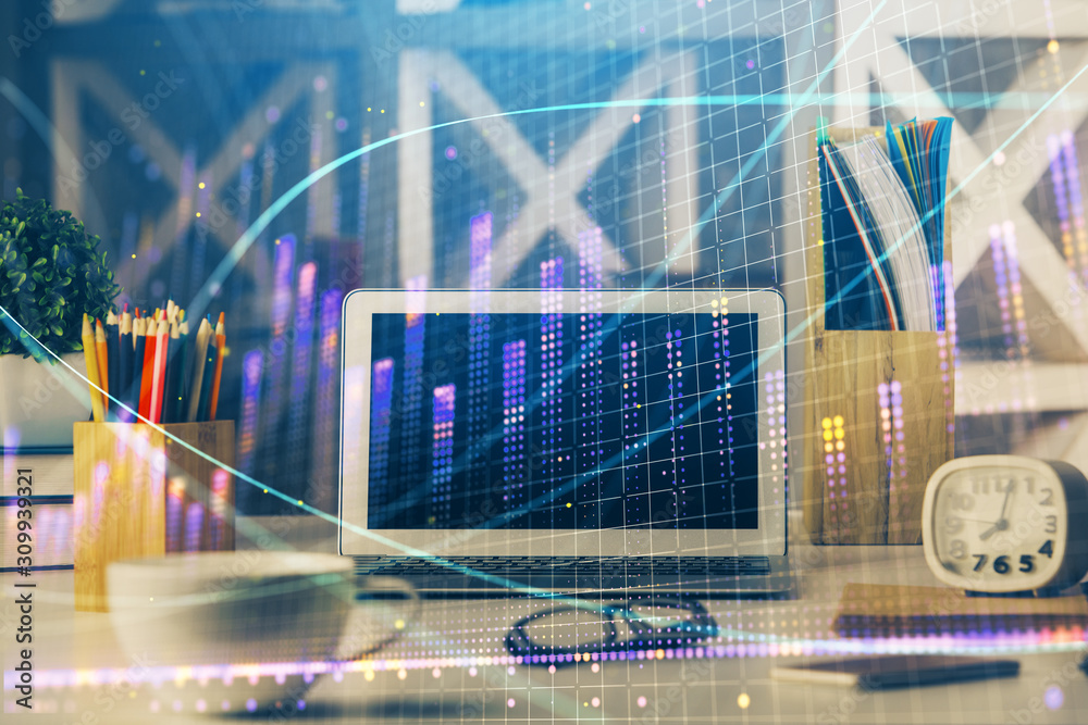 Double exposure of chart and financial info and work space with computer background. Concept of international online trading. Double exposure of chart and financial info and work space with computer background. Concept of international online trading.