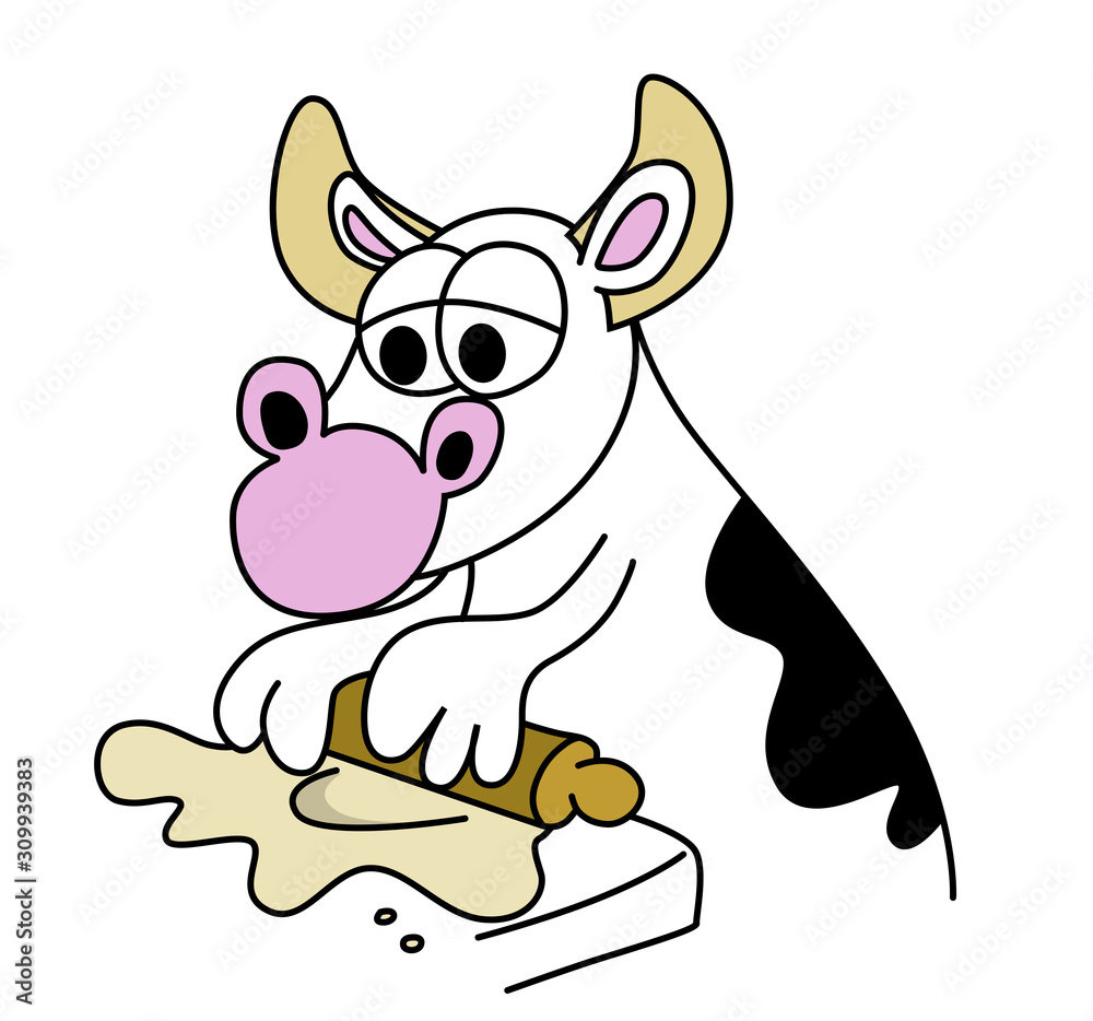 Isolated cute cow character cooking and kneading dough with a rolling pin on a white background. Funny hand drawn cartoon style vector illustration. Isolated cute cow character cooking and kneading dough with a rolling pin on a white background. Funny hand drawn cartoon style vector illustration.