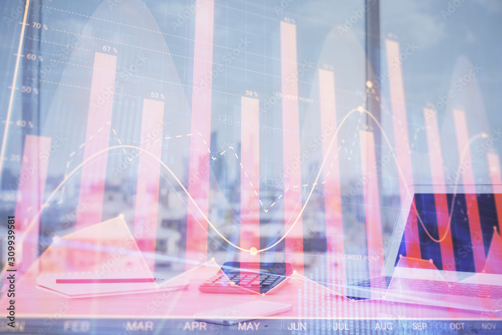 Forex graph hologram on table with computer background. Multi exposure. Concept of financial markets. Forex graph hologram on table with computer background. Multi exposure. Concept of financial markets.