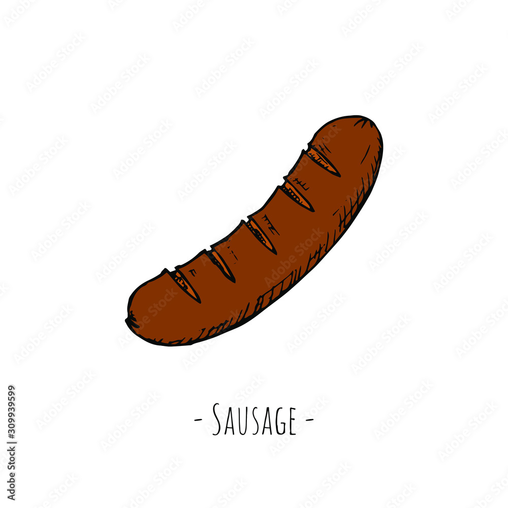 Hand-drawn isolated sausage. Vector cartoon illustration. Hand-drawn isolated sausage. Vector cartoon illustration.