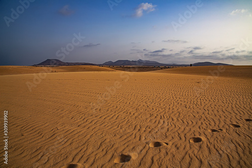 Low evening light creating beautiful textures shapes and patterns in the sand in the natural park Corralejo Fuerteventura Canary Islands Spain