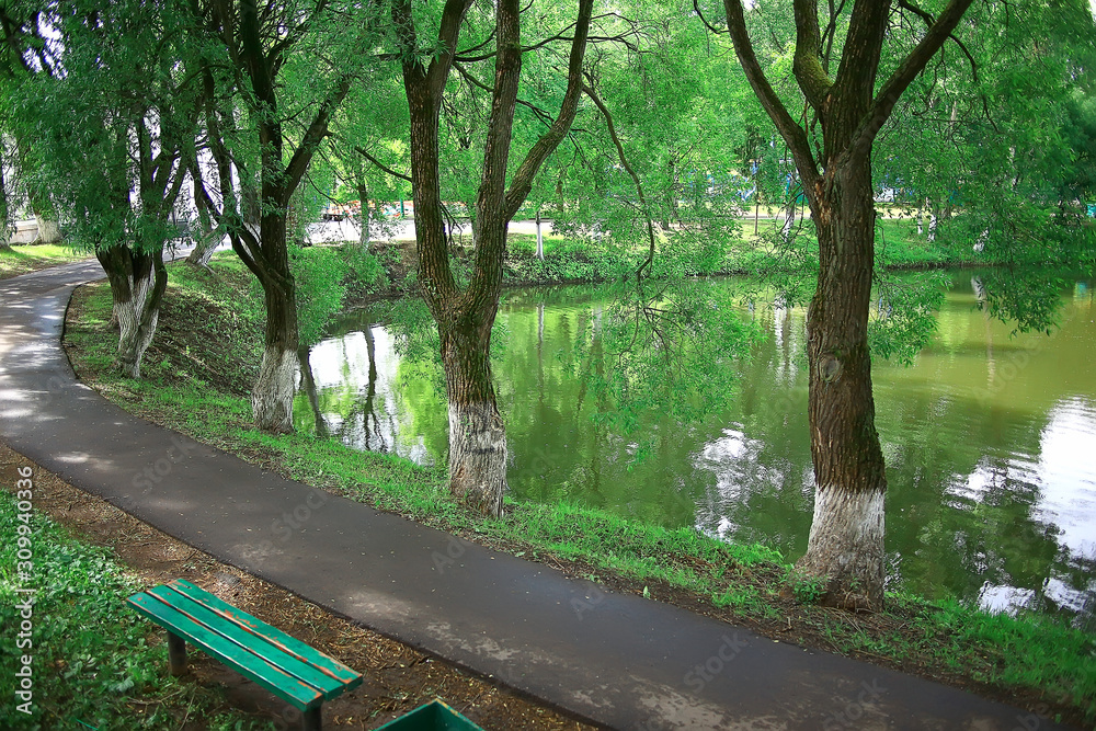 summer park landscape, green trees and walkway in the summer city park summer park landscape, green trees and walkway in the summer city park