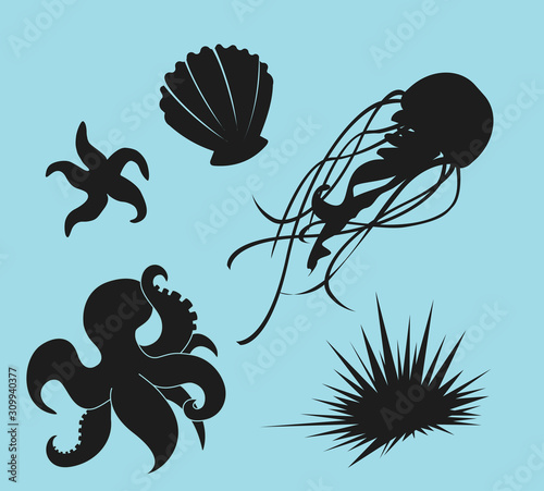 black silhouettes of sea aniimals
