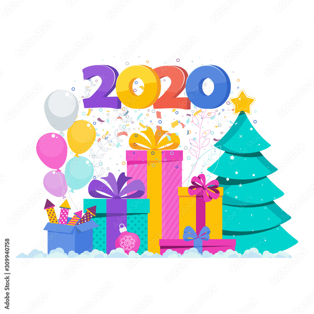 2020 greeting card. Huge gift box, Christmas Tree, garland hangs