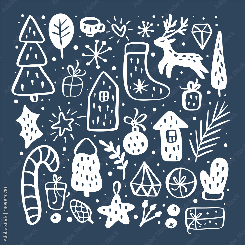 New year Christmas card vector outline icon set. different decorative elements for winter holidays for design. Trendy scandinavian style. Doodle sketch in style of child hand drawing New year Christmas card vector outline icon set. different decorative elements for winter holidays for design. Trendy scandinavian style. Doodle sketch in style of child hand drawing
