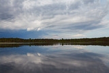 Moody spring weather state of lake along the forest. Pine trees reflection and cloudy sky