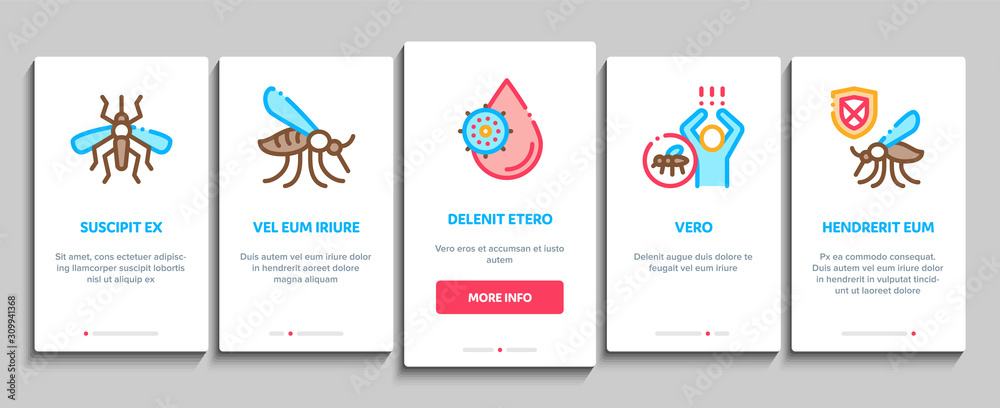 Malaria Illness Dengue Onboarding Mobile App Page Screen. Malaria Mosquito, Spray And Protect Cream Bottle, Sick Human And Treatment Concept Illustrations