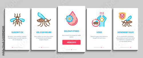 Malaria Illness Dengue Onboarding Mobile App Page Screen. Malaria Mosquito, Spray And Protect Cream Bottle, Sick Human And Treatment Concept Illustrations