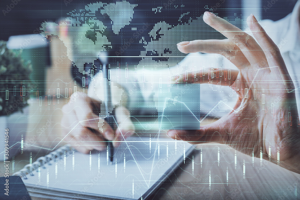 Forex chart displayed on woman's hand taking notes background. Concept of research. Multi exposure Forex chart displayed on woman's hand taking notes background. Concept of research. Multi exposure